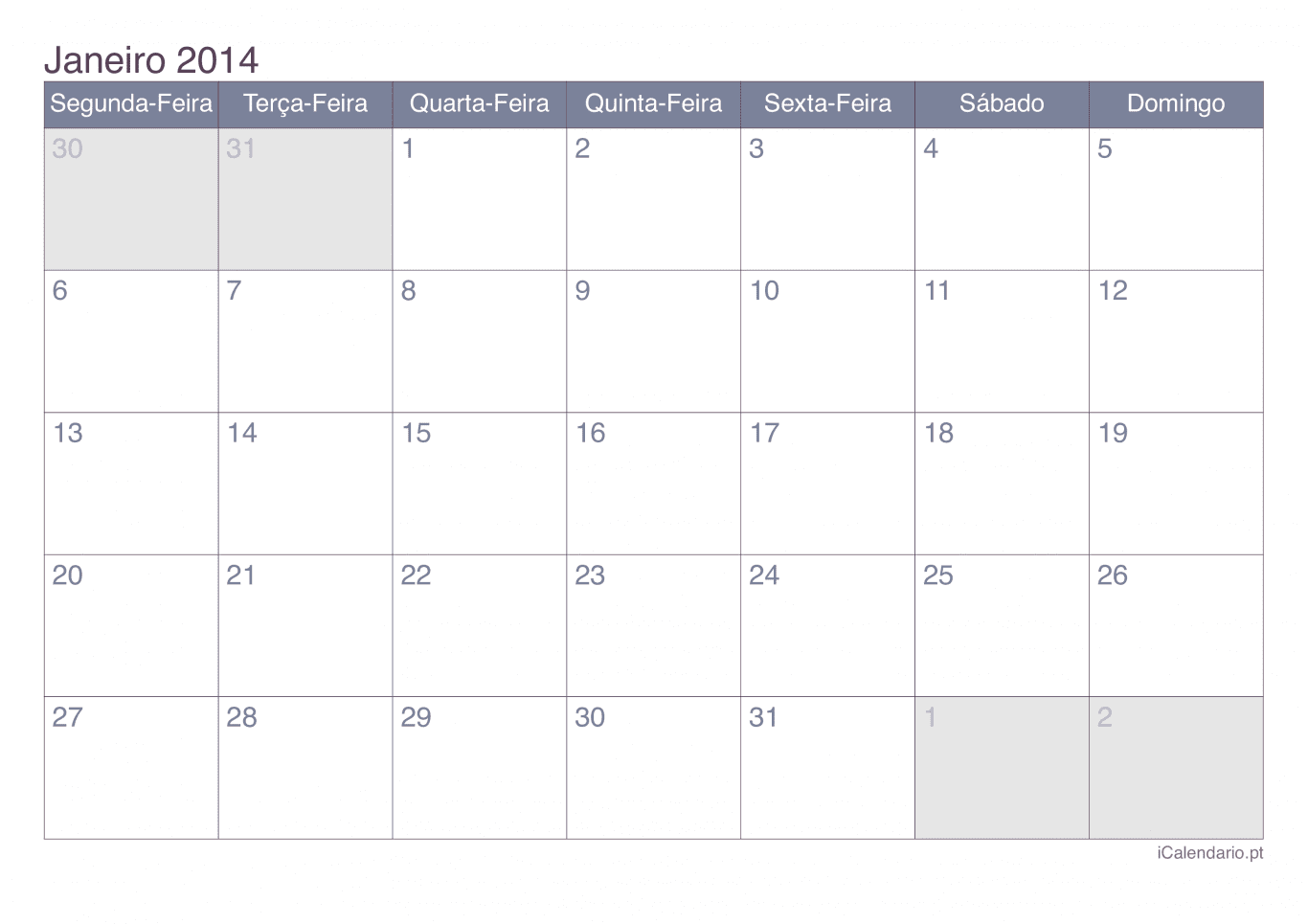 Calendário de janeiro 2014 - Office