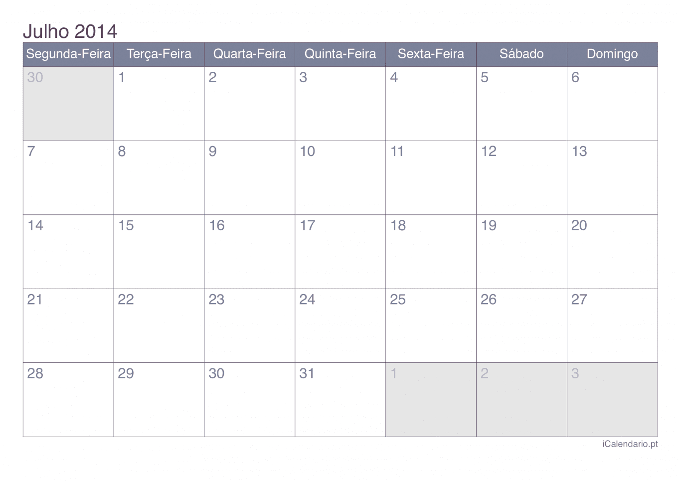 Calendário de julho 2014 - Office