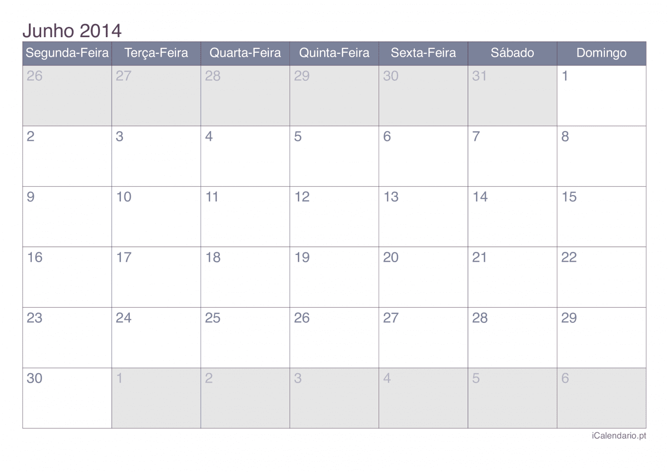 Calendário de junho 2014 - Office