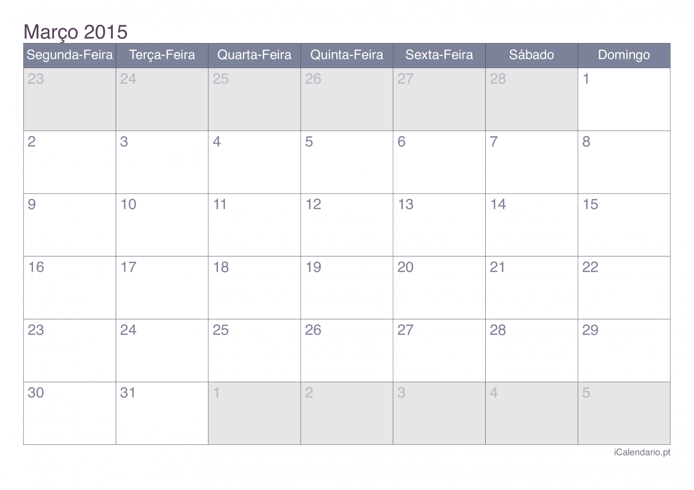 Calendário de março 2015 - Office