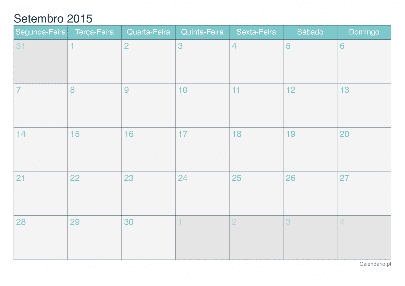 Calendário de setembro 2015 - Turquesa