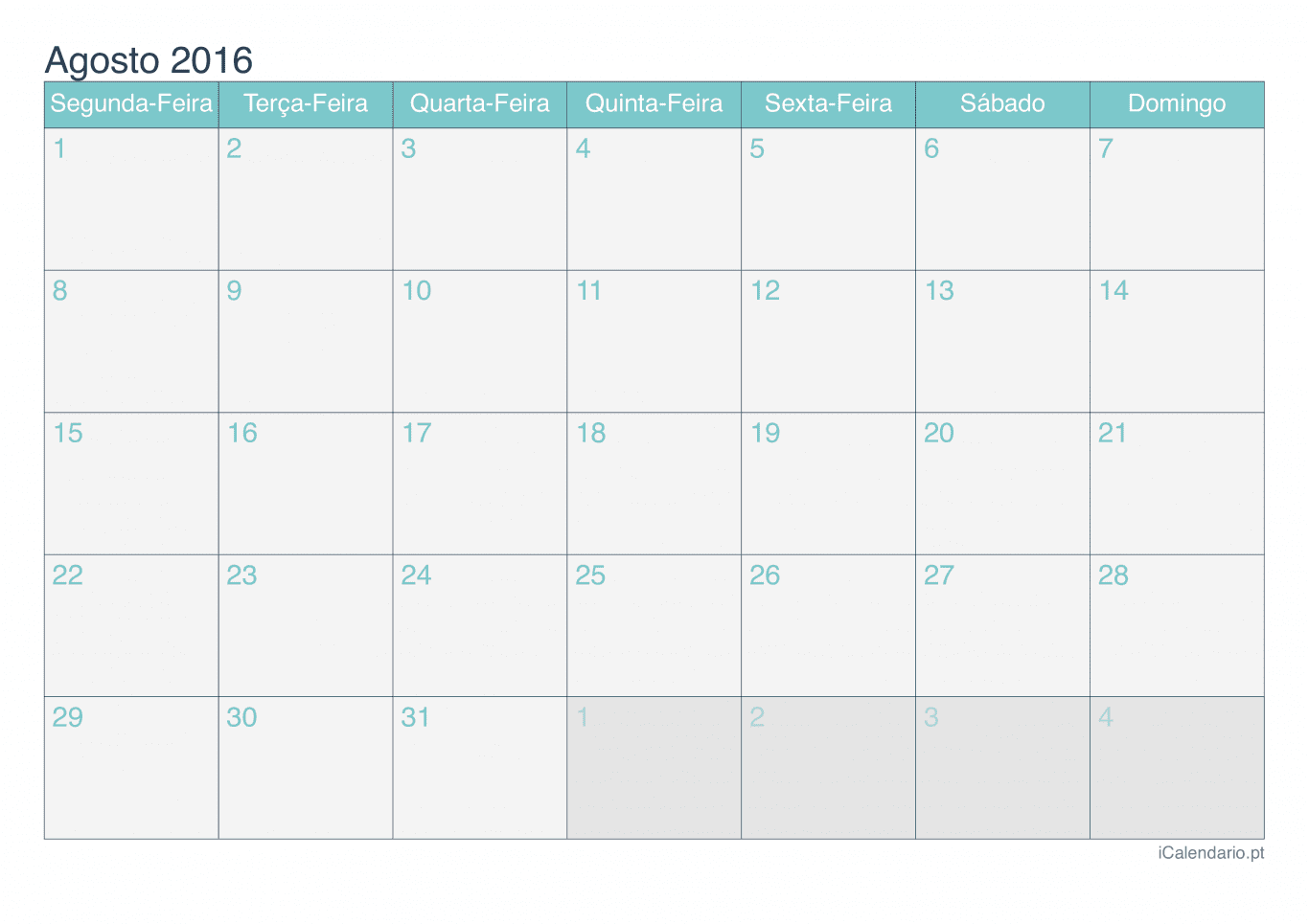 Calendário de agosto 2016 - Turquesa