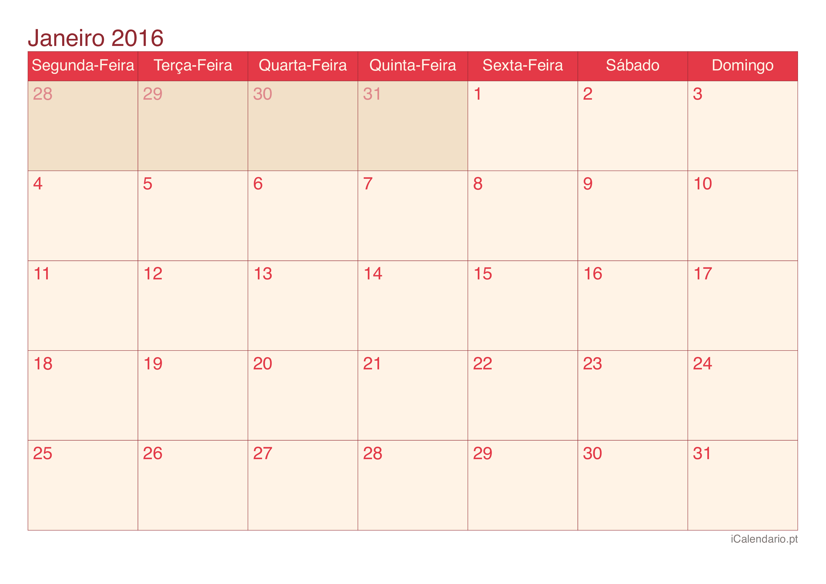 Calendário por mês 2016 - Cherry