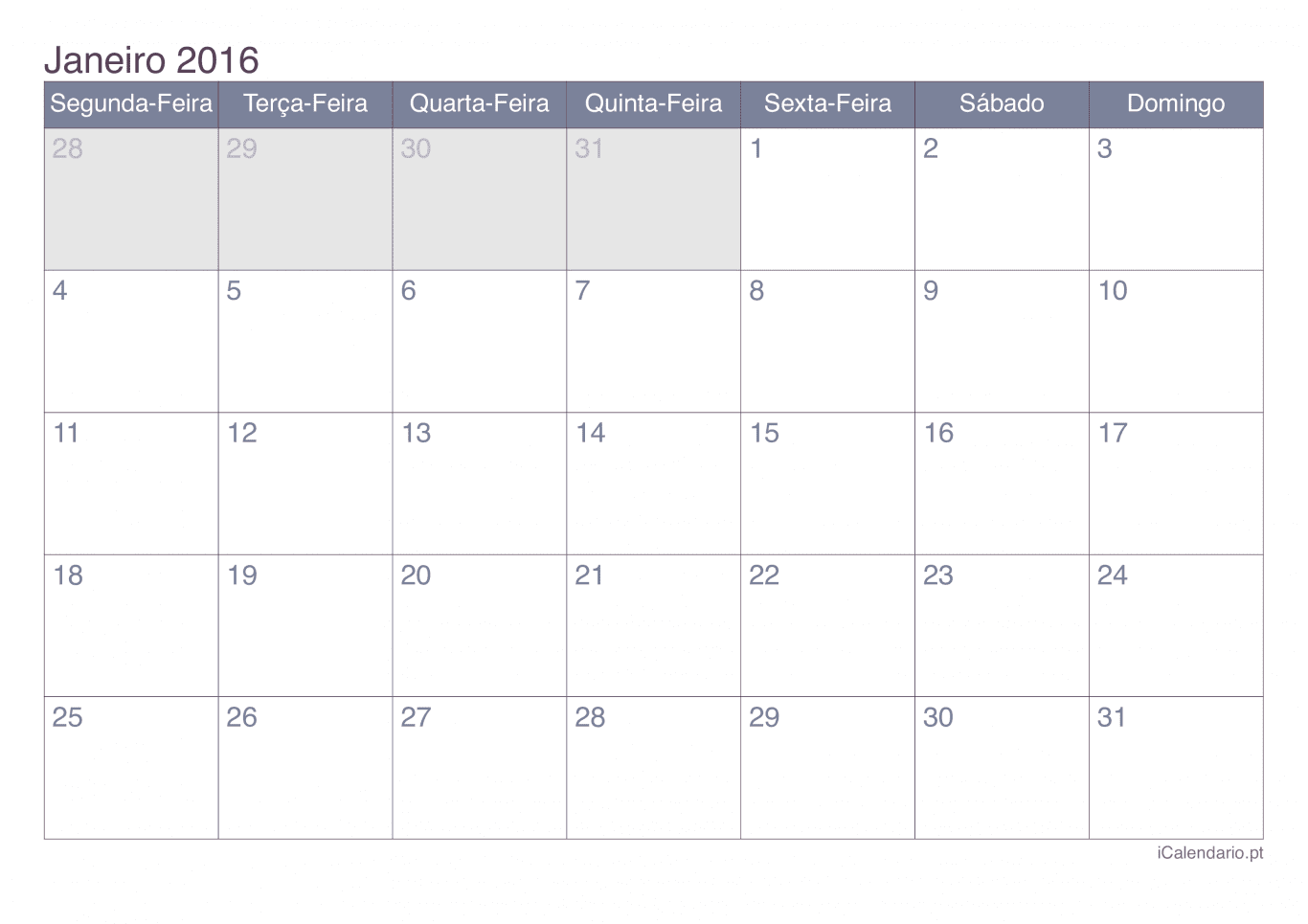 Calendário por mês 2016 - Office