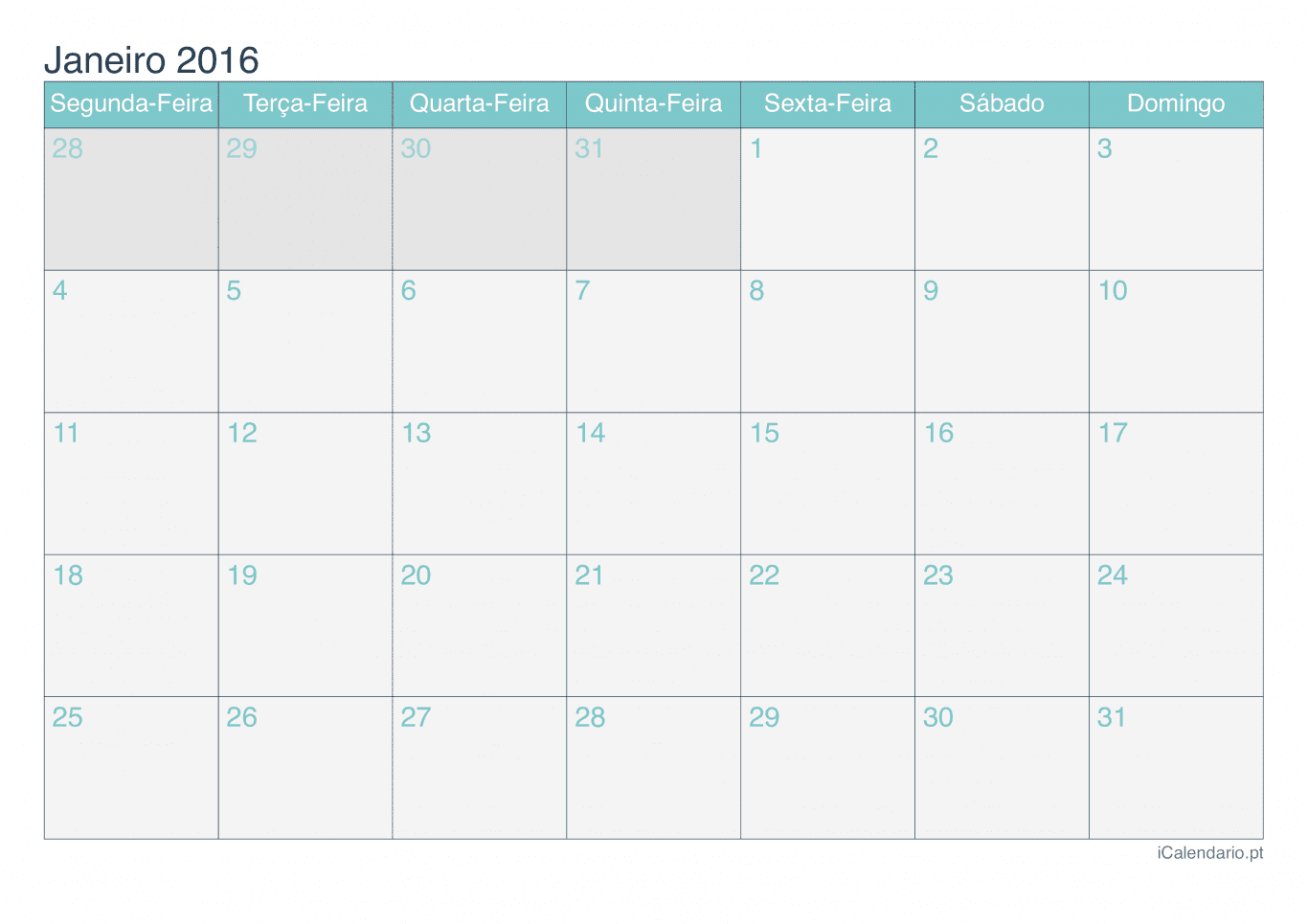 Calendário por mês 2016 - Turquesa