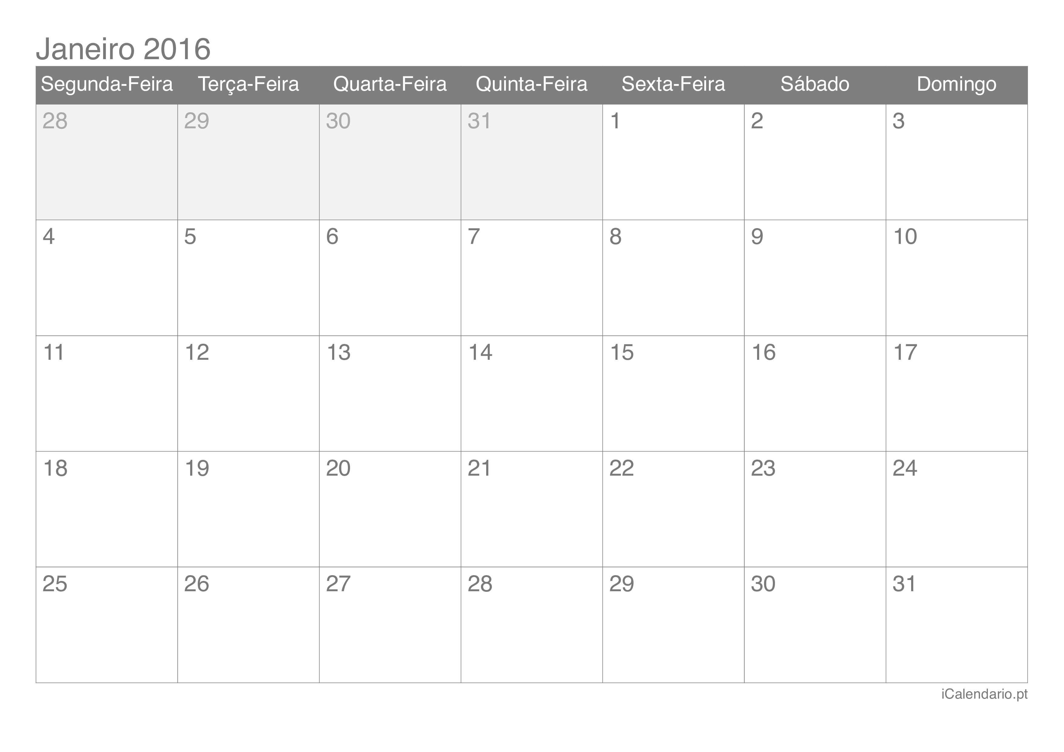 Calendário por mês 2016