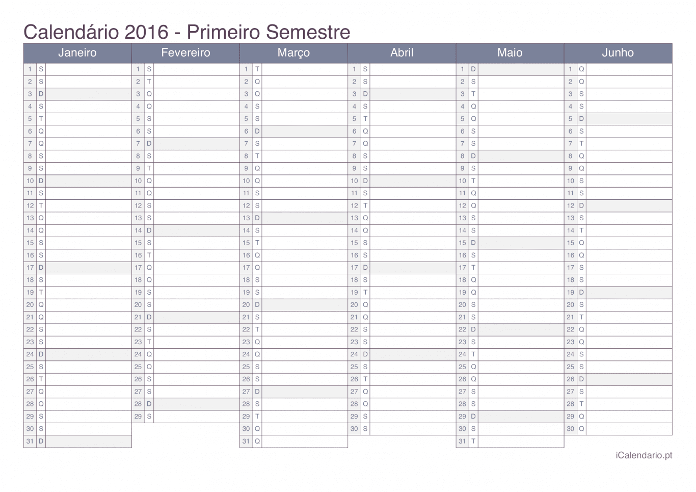Calendário por semestre 2016 - Office