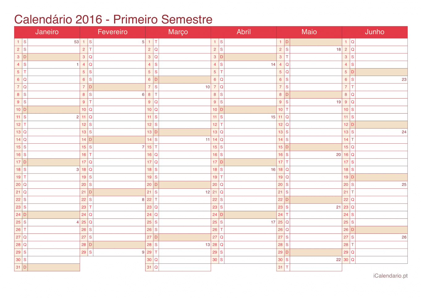 Calendário por semestre com números da semana 2016 - Cherry