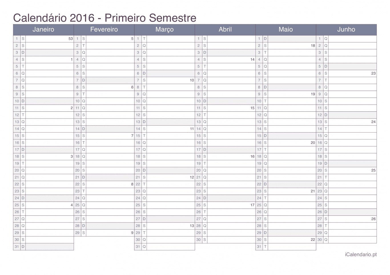 Calendário por semestre com números da semana 2016 - Office