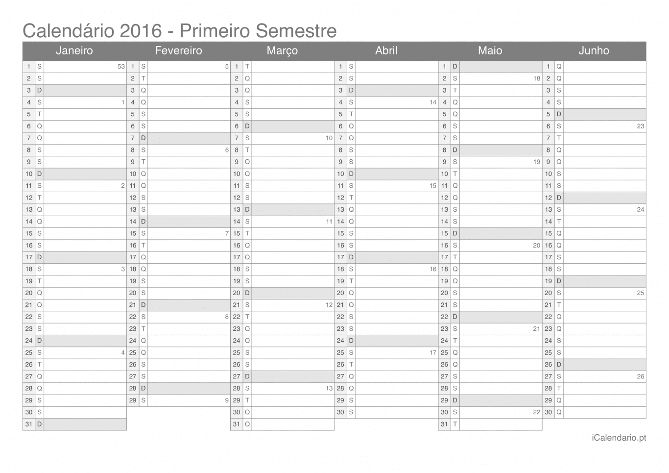 Calendário por semestre com números da semana 2016