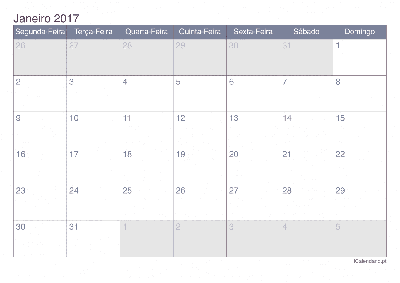 Calendário de janeiro 2017 - Office