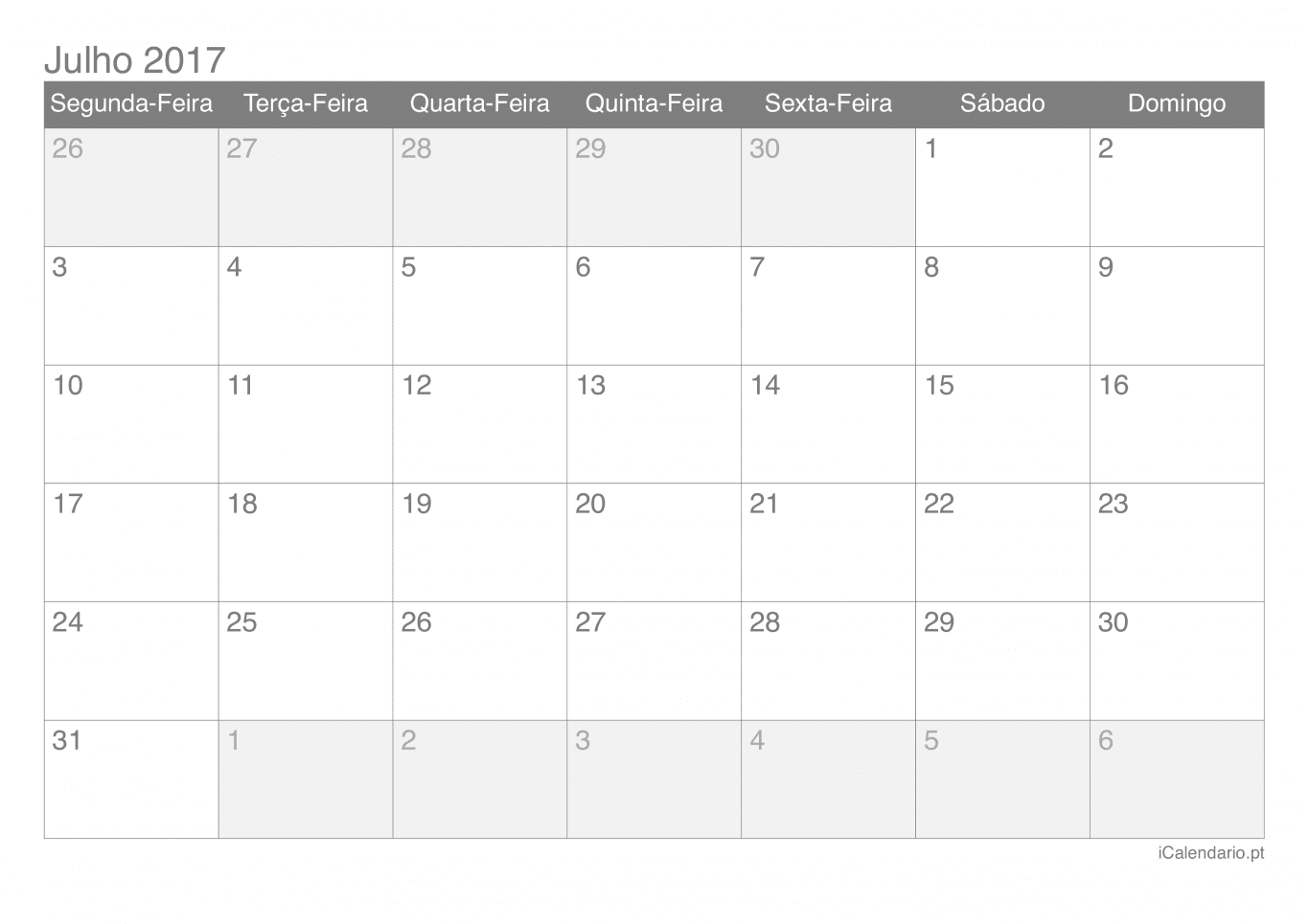 Calendário de julho 2017