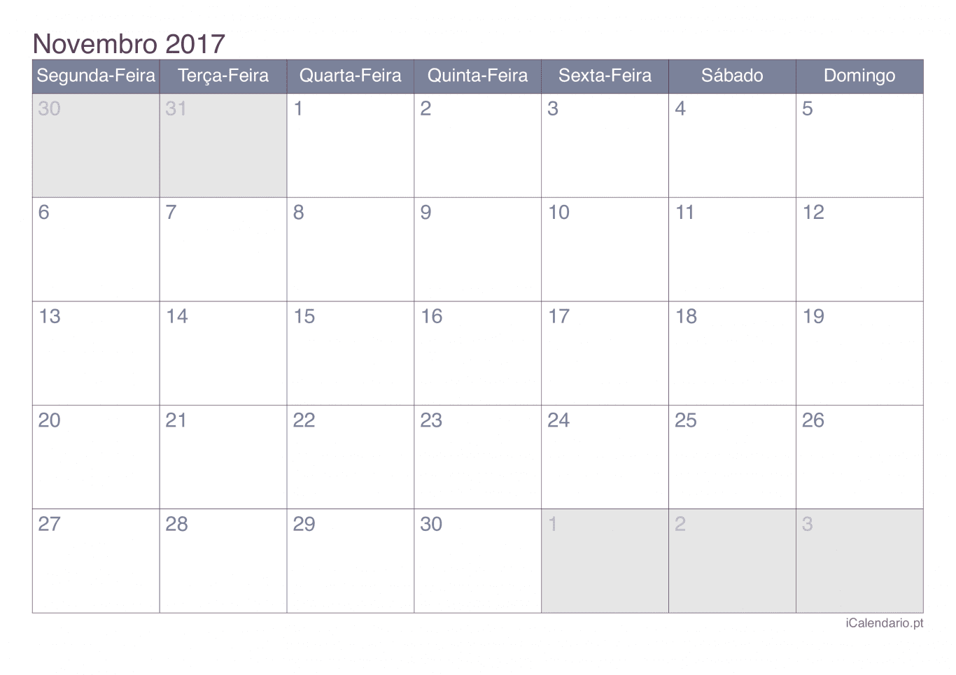 Calendário de novembro 2017 - Office