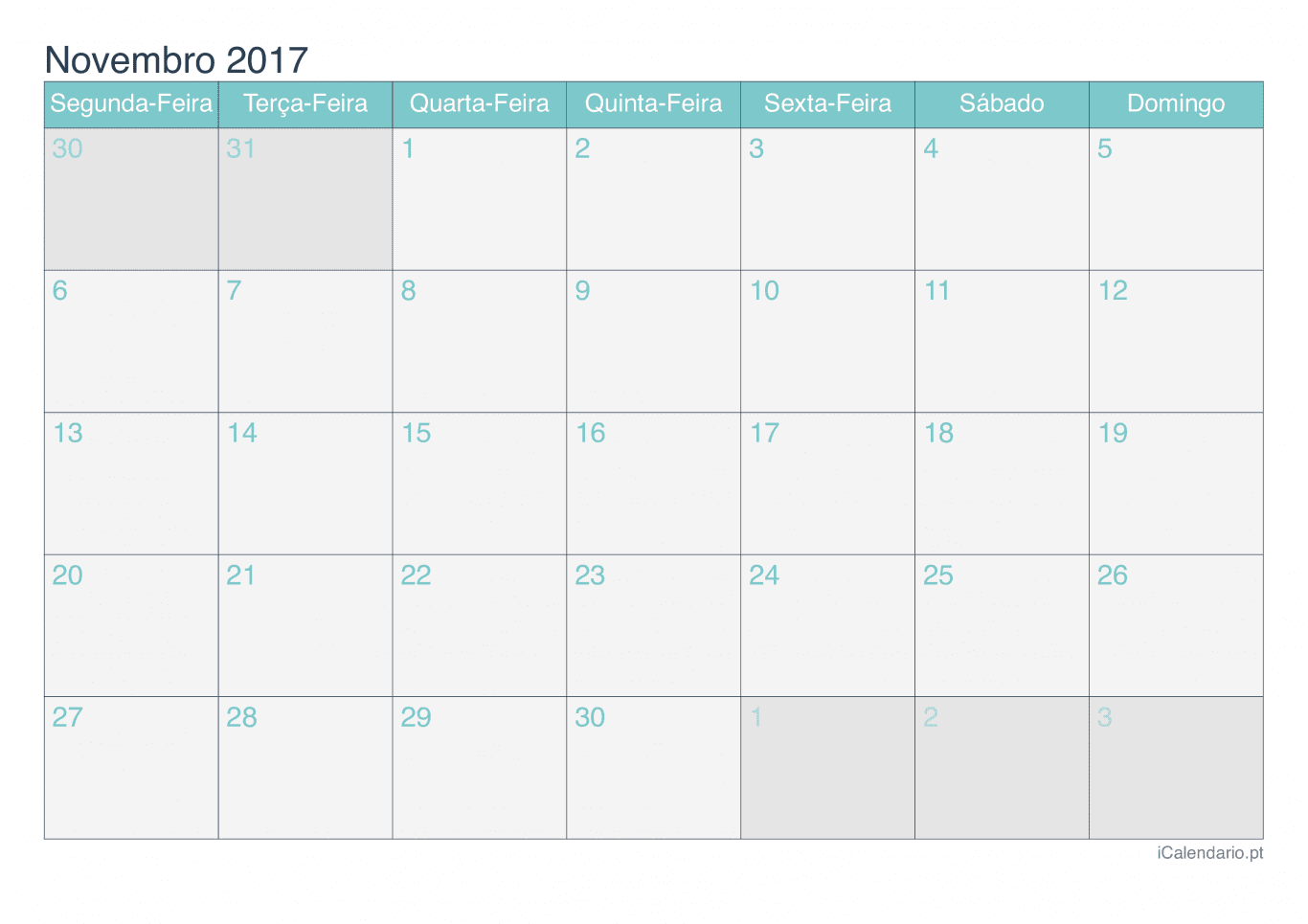 Calendário de novembro 2017 - Turquesa