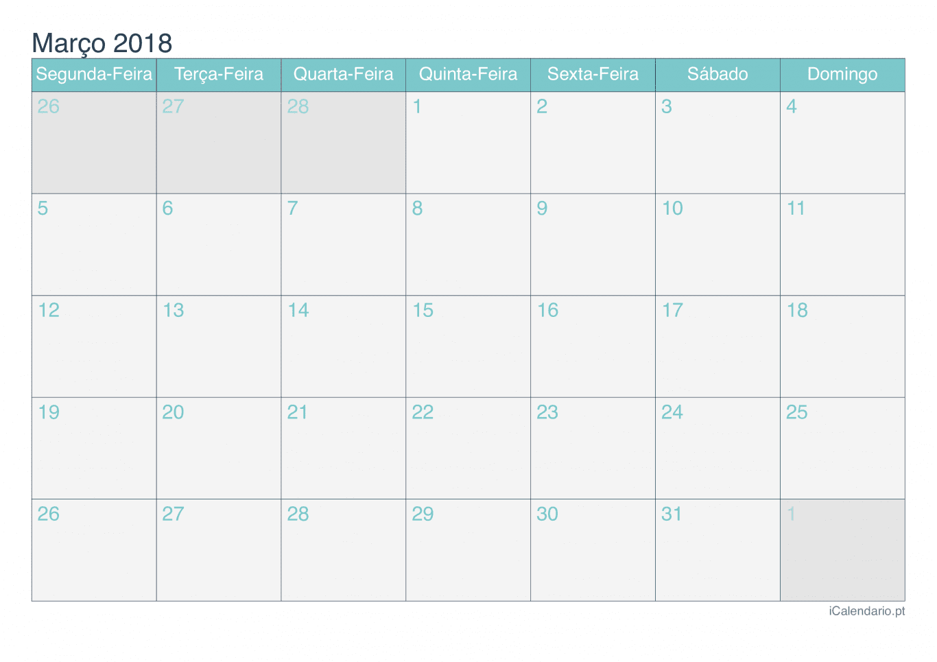 Calendário de março 2018 - Turquesa