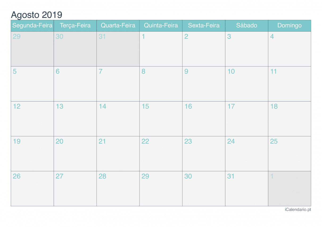 Calendário de agosto 2019 - Turquesa