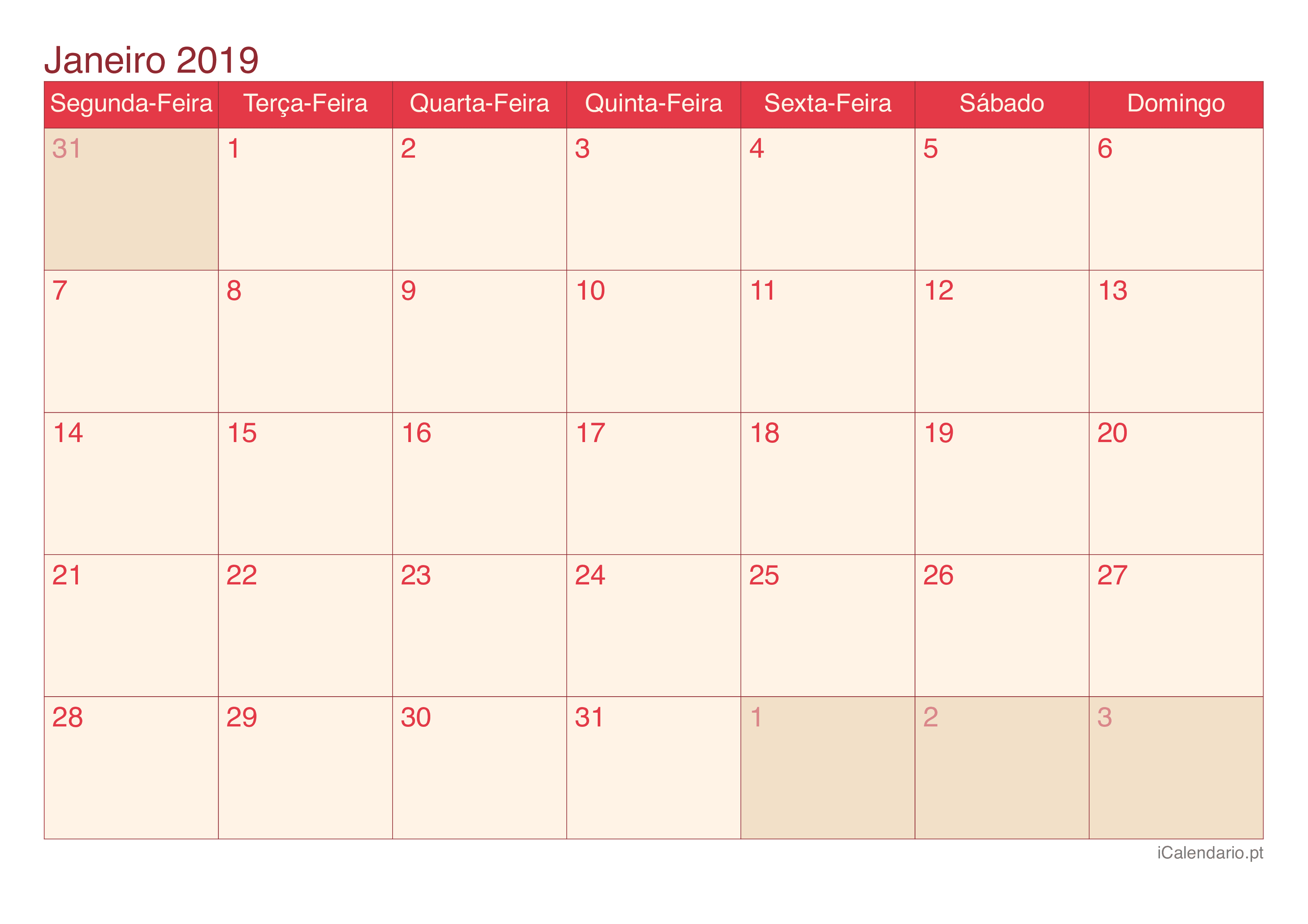 Calendário por mês 2019 - Cherry