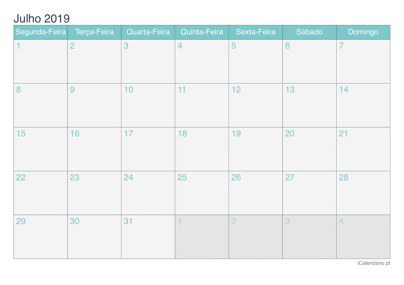 Calendário de julho 2019 - Turquesa