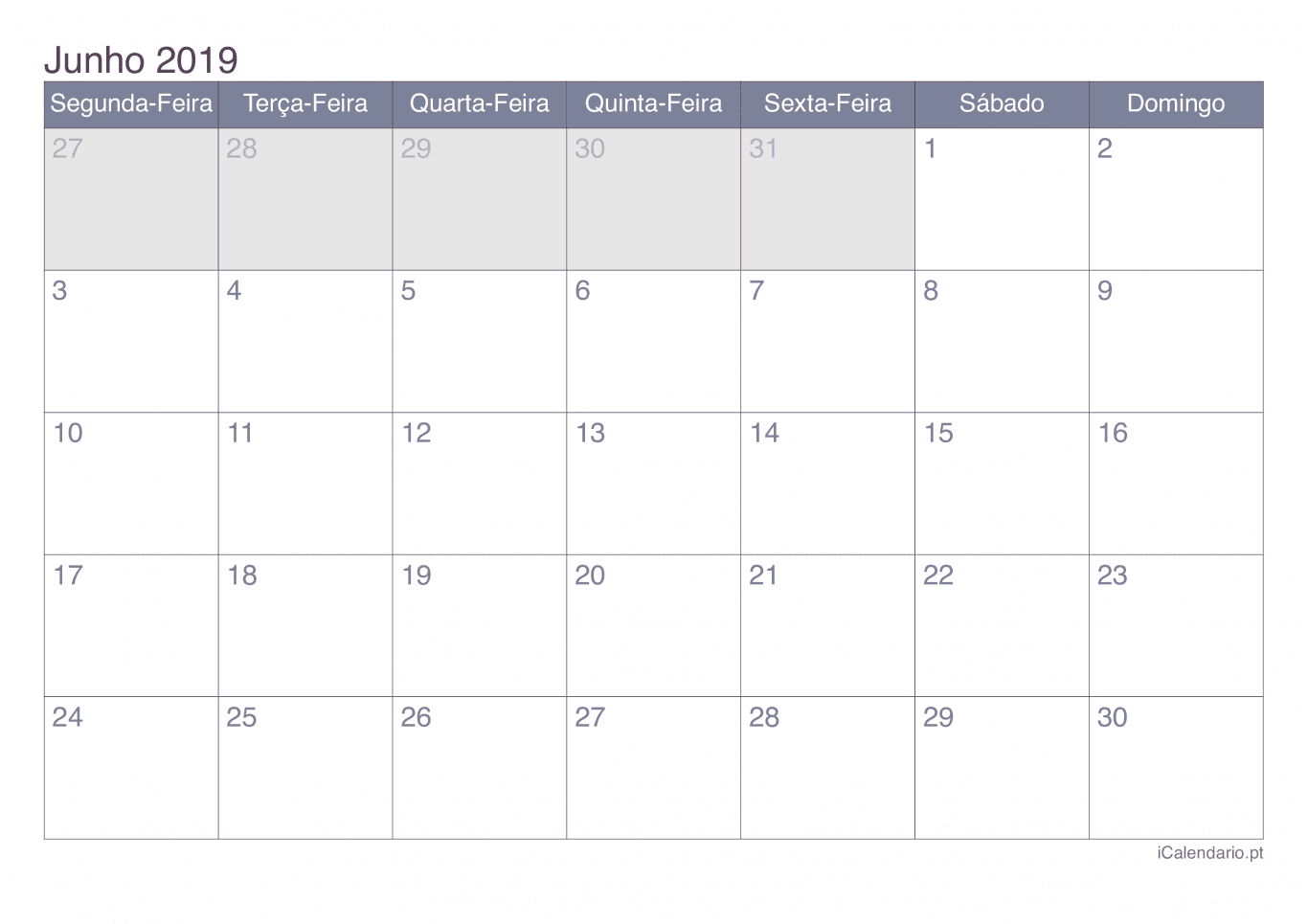 Calendário de junho 2019 - Office