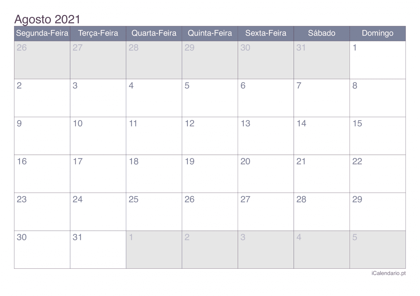 Calendário de agosto 2021 - Office