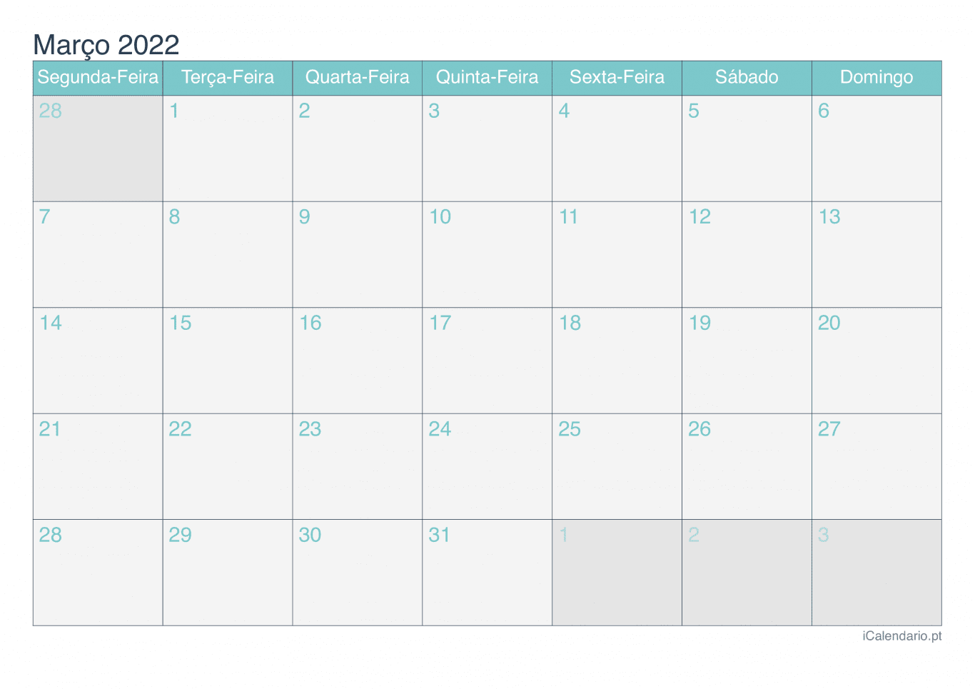 Calendário de março 2022 - Turquesa