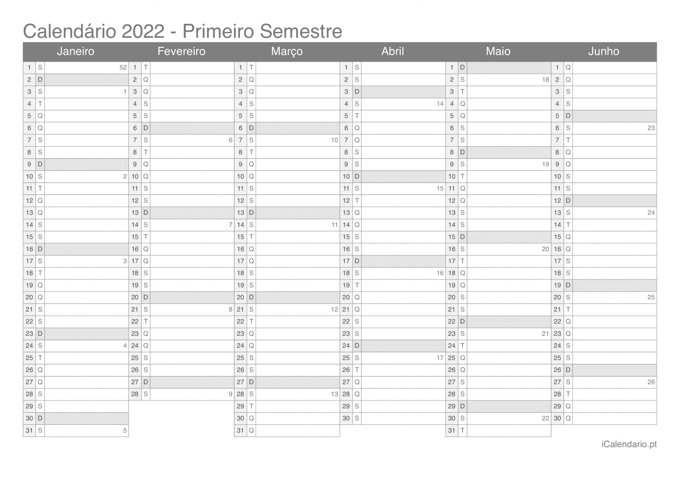 Calendário por semestre com números da semana 2022