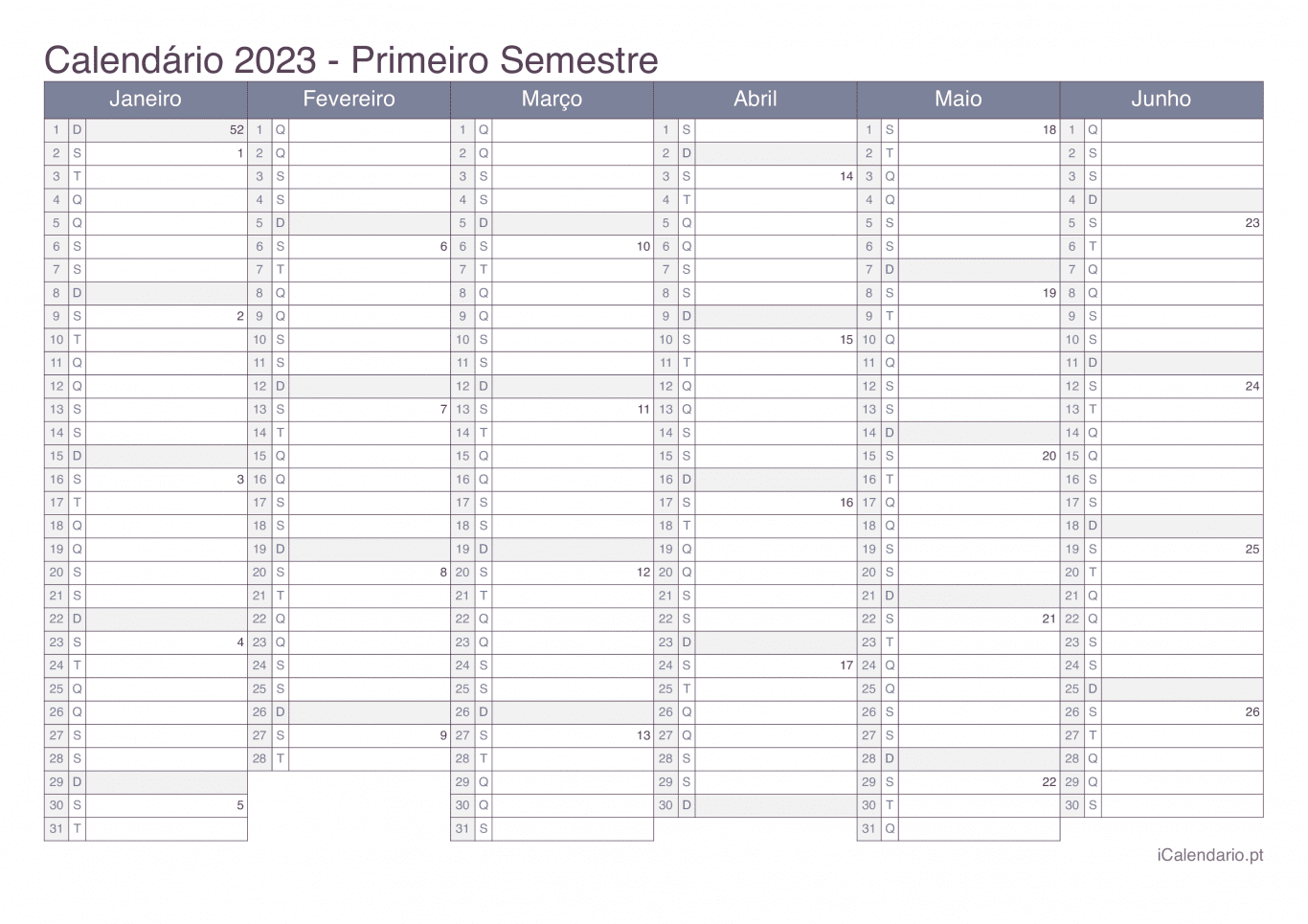 Calendário por semestre com números da semana 2023 - Office