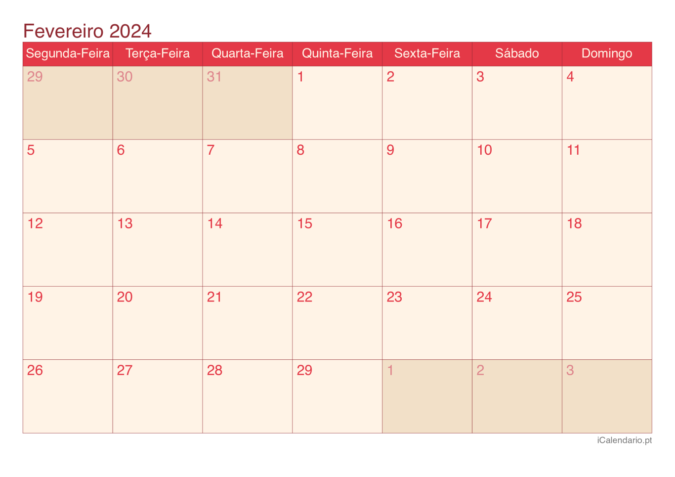 Calendário de fevereiro 2024 - Cherry