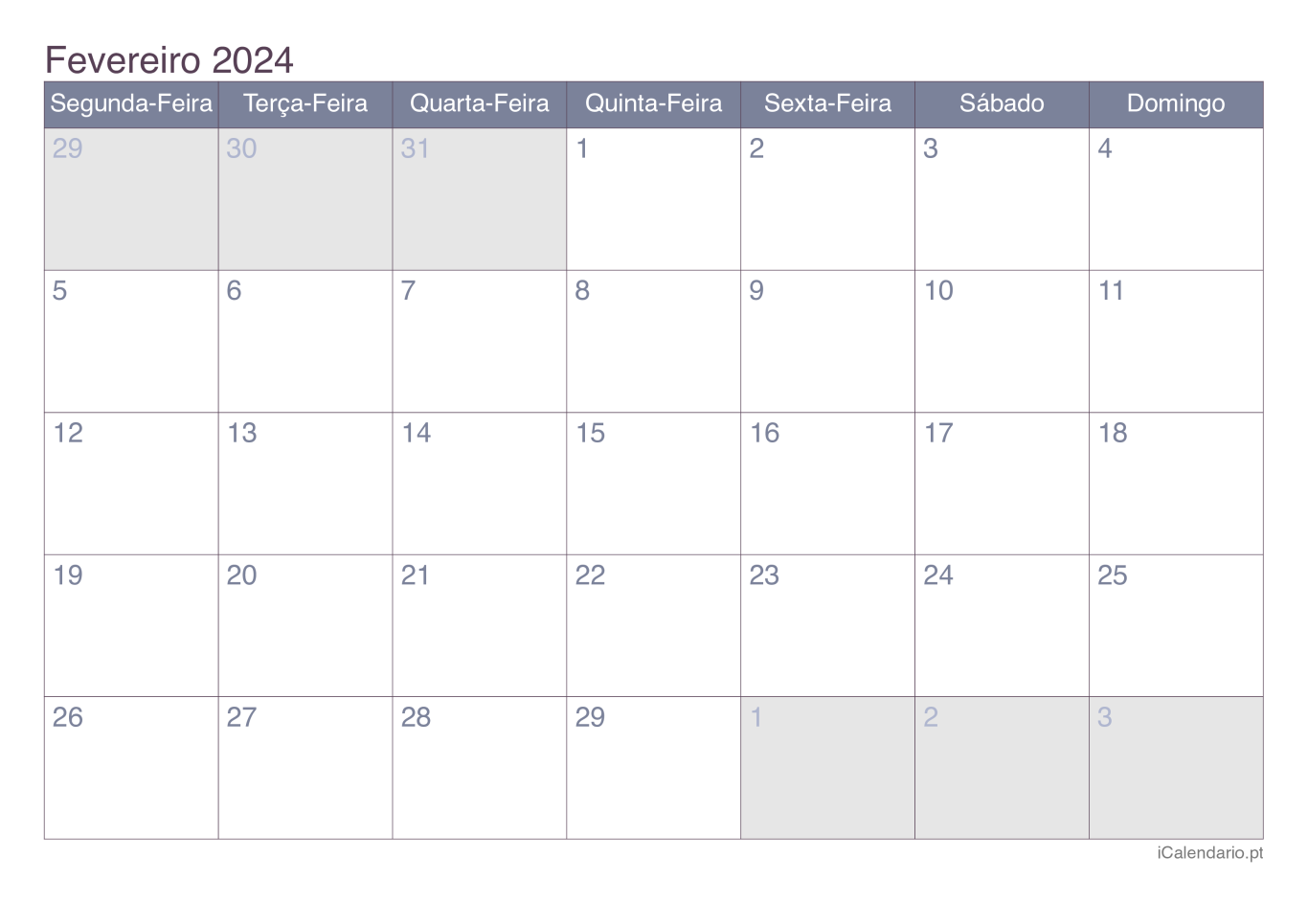 Calendário de fevereiro 2024 - Office
