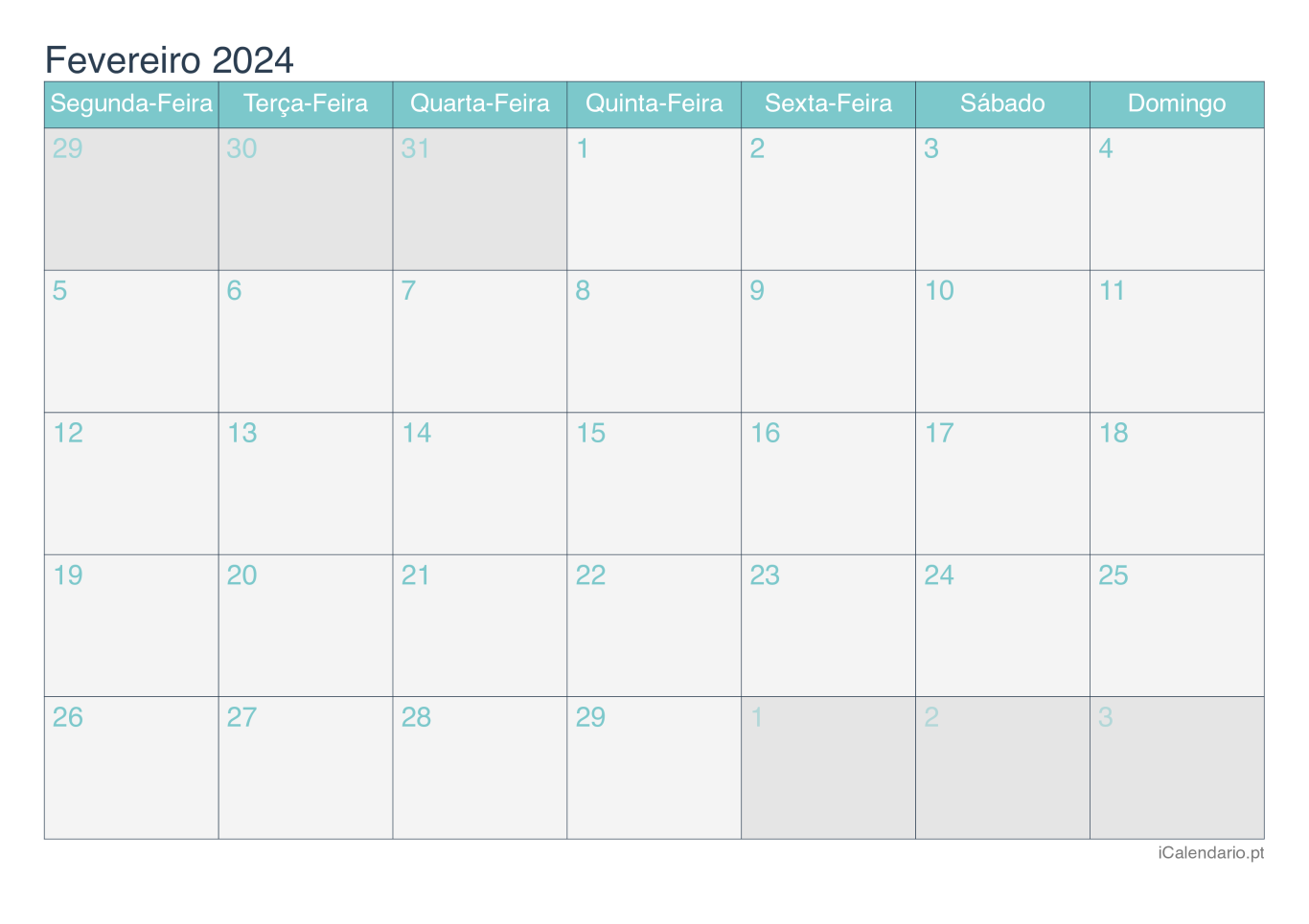 Calendário de fevereiro 2024 - Turquesa