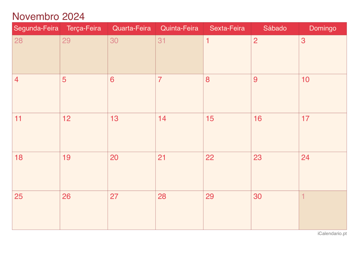 Calendário de novembro 2024 - Cherry