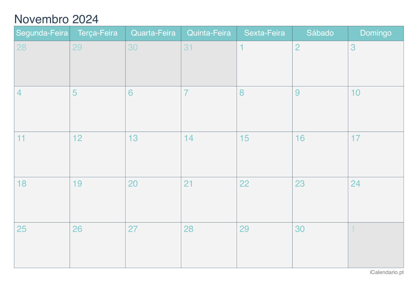 Calendário de novembro 2024 - Turquesa