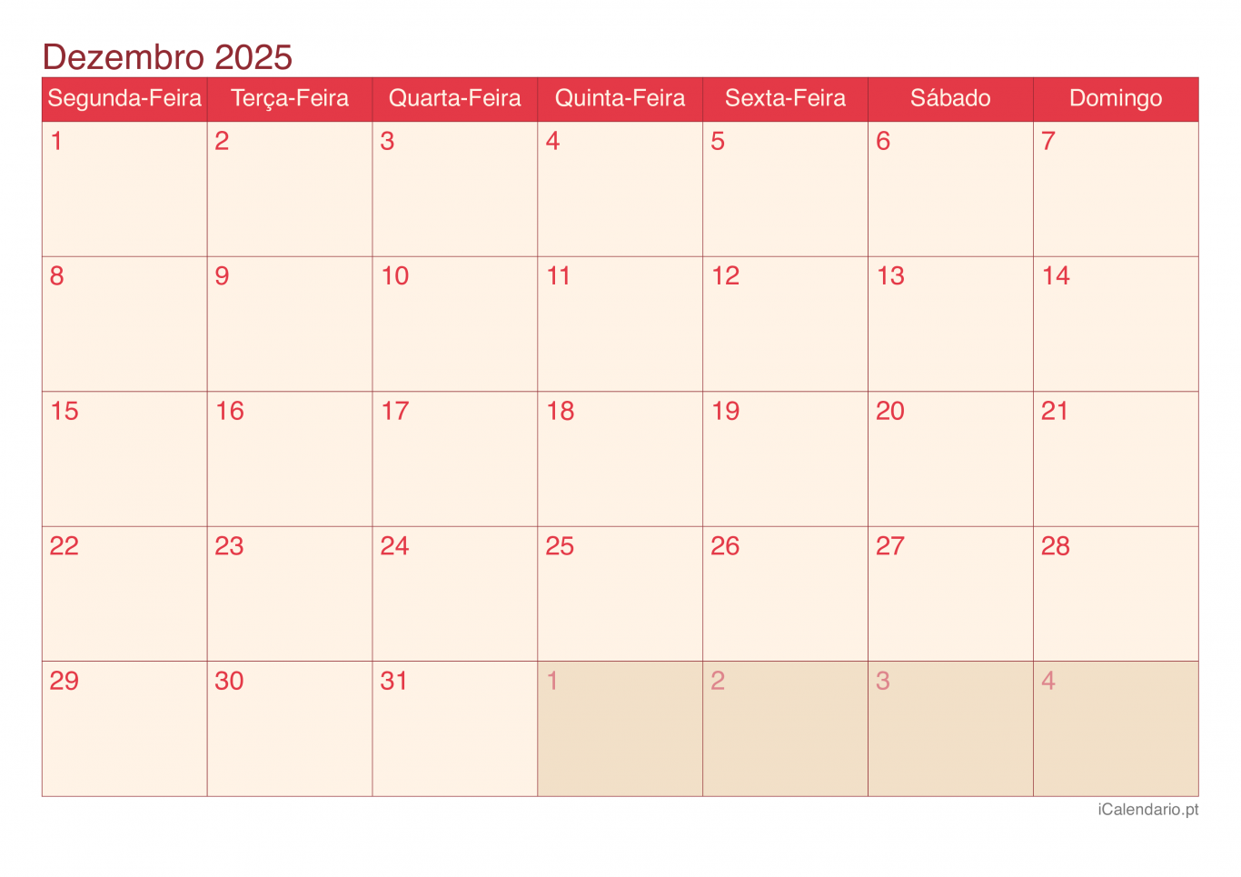 Calendário de dezembro 2025 - Cherry