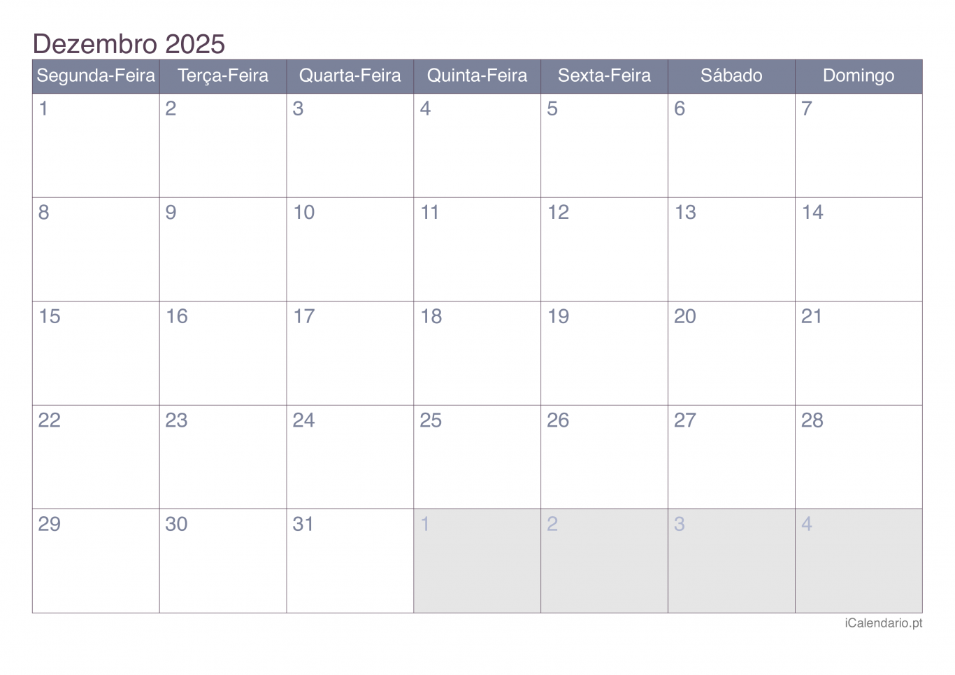 Calendário de dezembro 2025 - Office