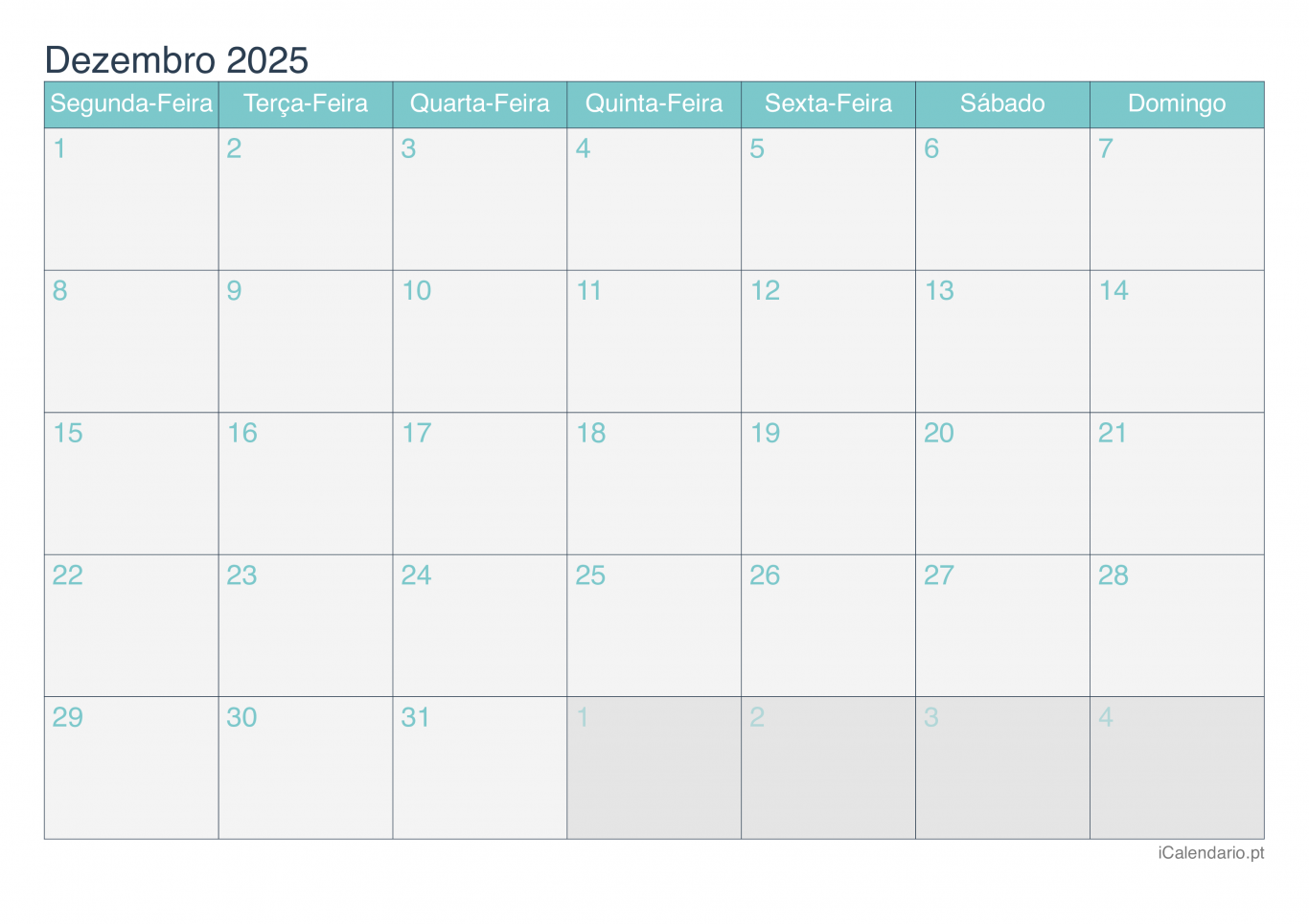 Calendário de dezembro 2025 - Turquesa