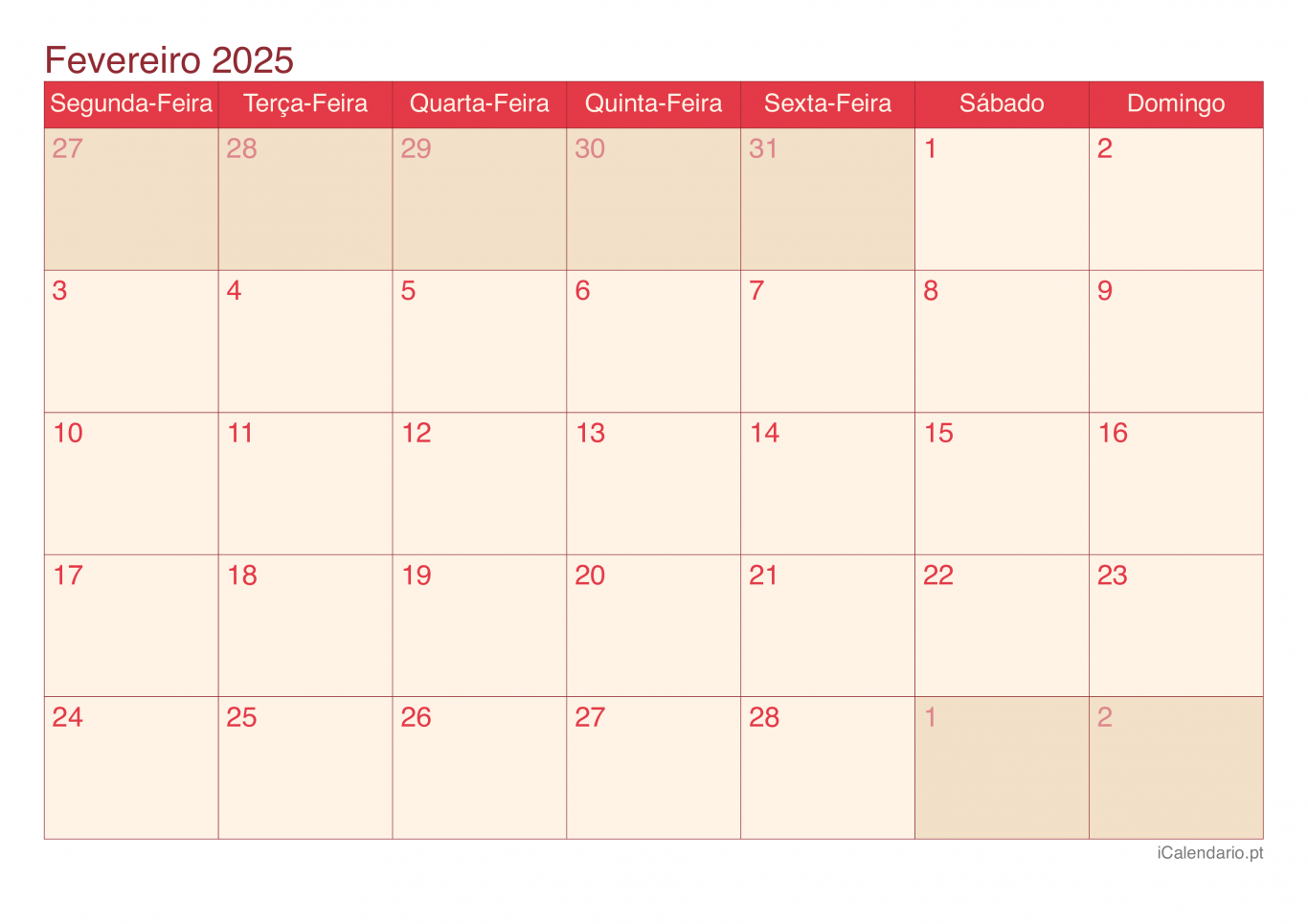 Calendário de fevereiro 2025 - Cherry