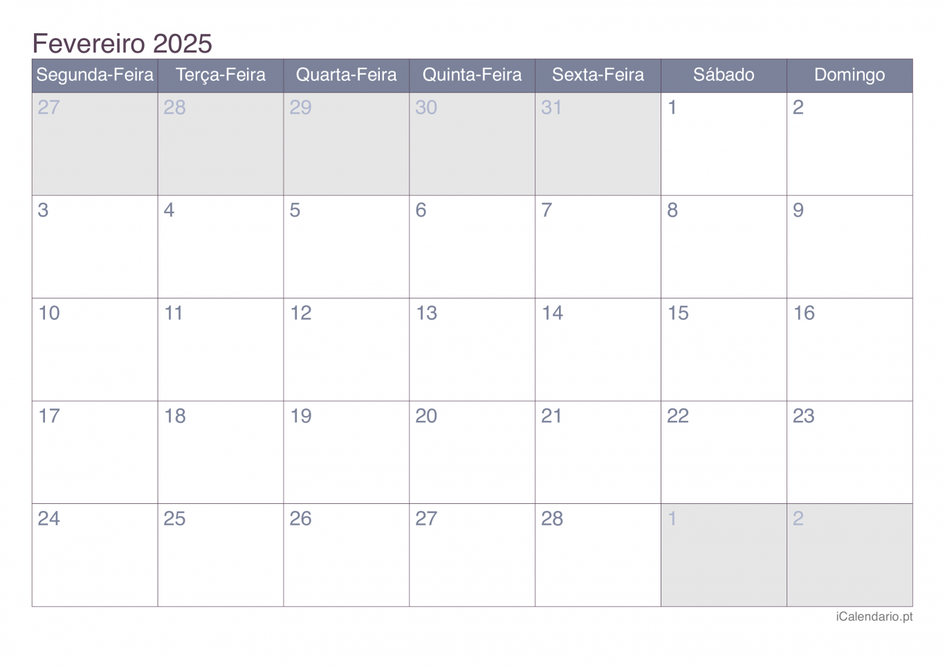 Calendário de fevereiro 2025 - Office
