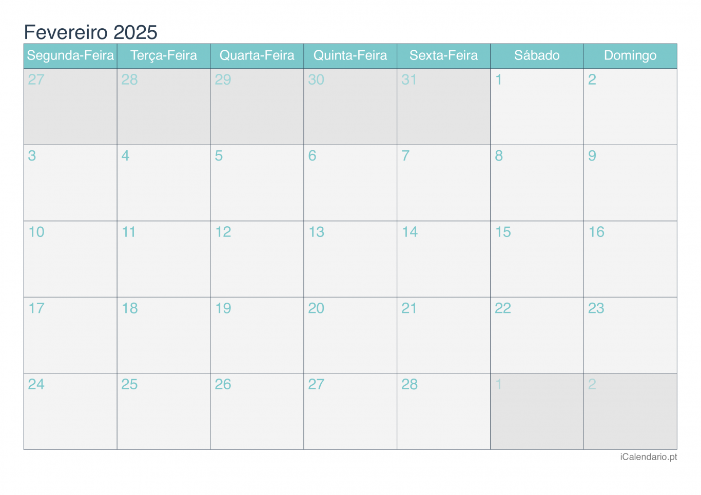 Calendário de fevereiro 2025 - Turquesa