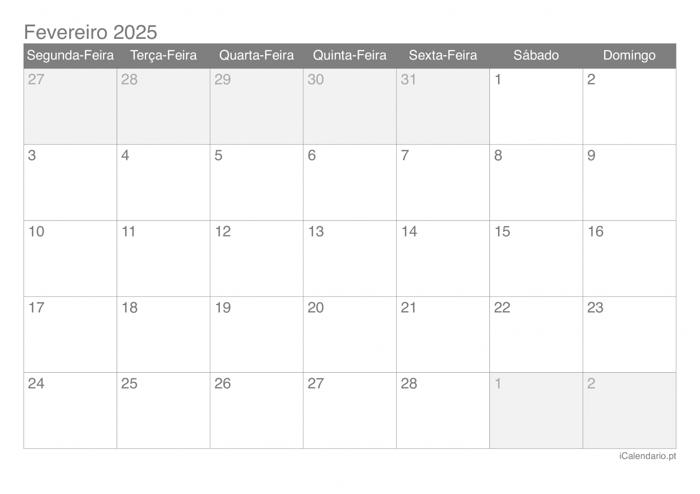Calendário de fevereiro 2025