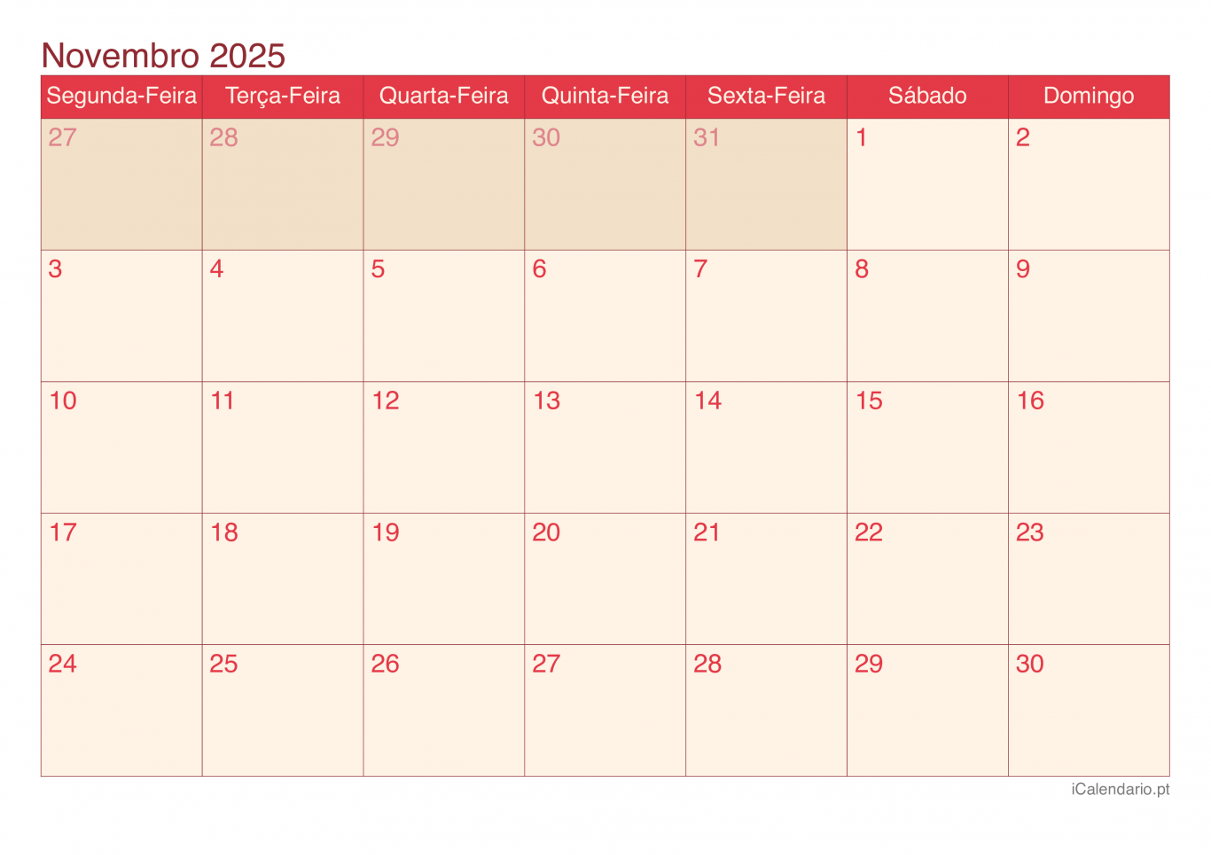 Calendário de novembro 2025 - Cherry