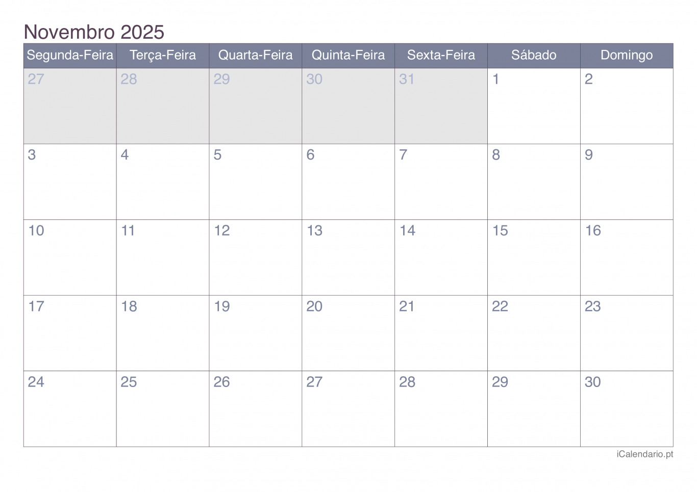Calendário de novembro 2025 - Office