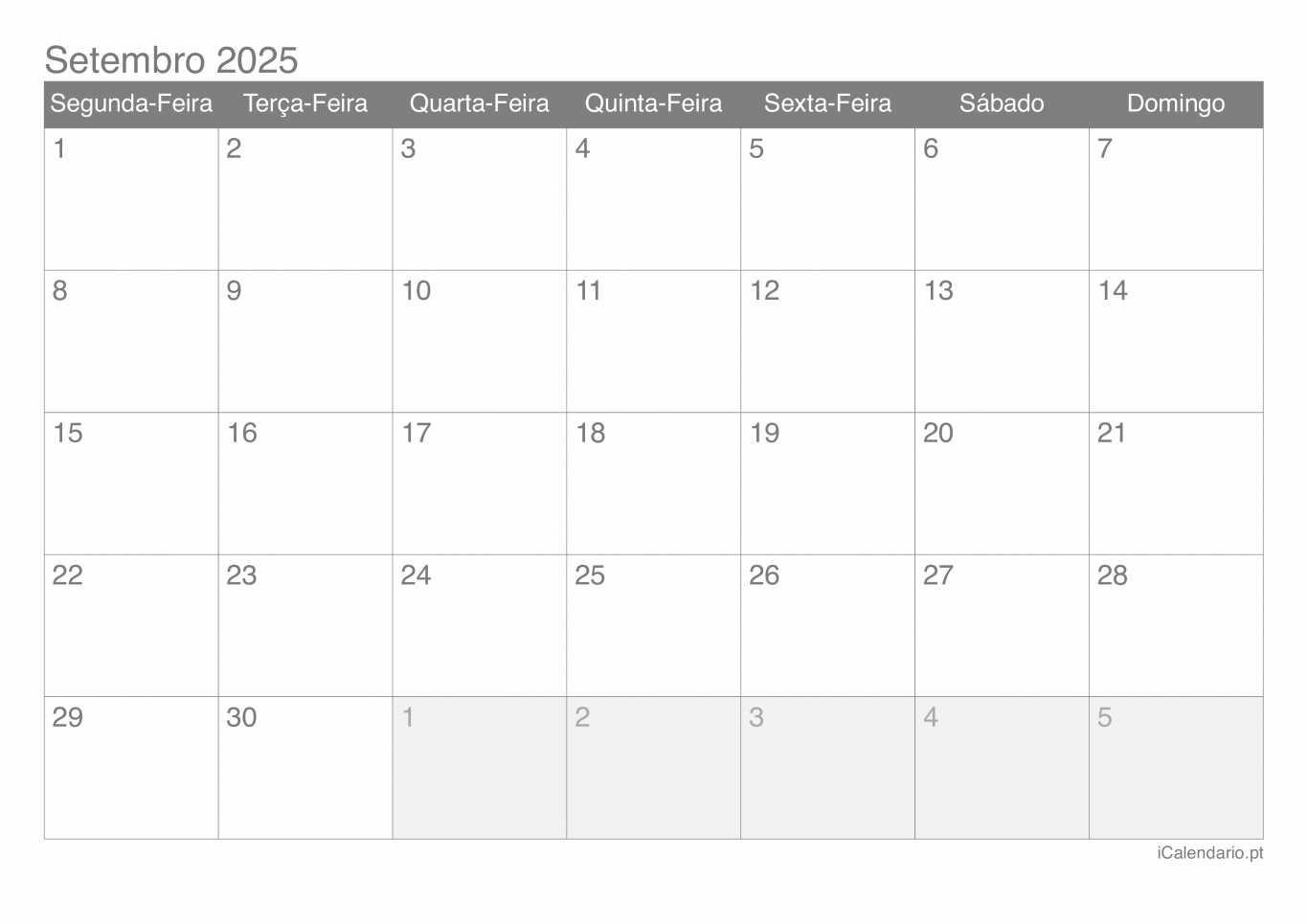 Calendário de setembro 2025