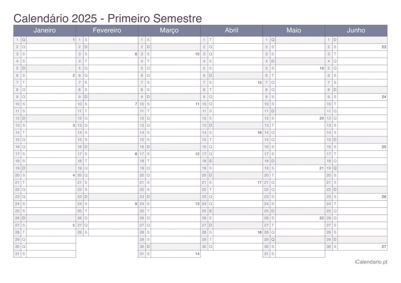 Calendário por semestre com números da semana 2025 - Office