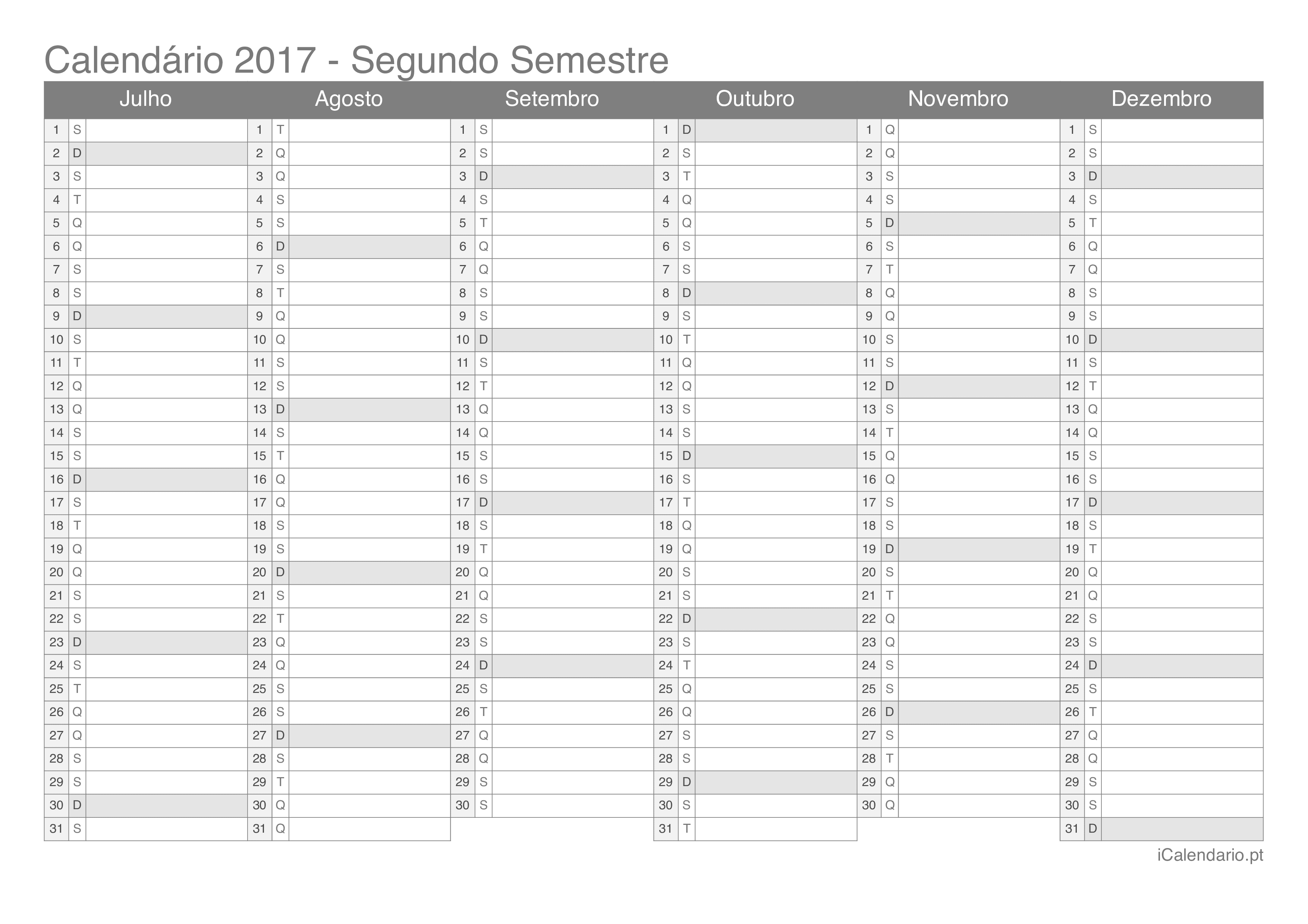 calendario 2017 semestral branco semestre 2
