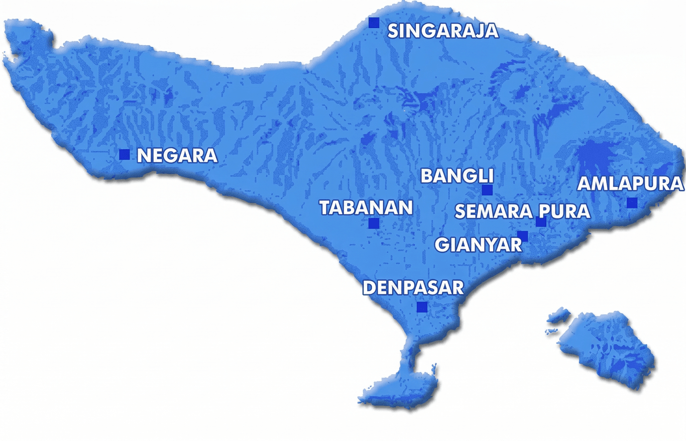 Mapa de Bali. A ilha de Bali fica no oceano Índico, com 5.000 km² e 3.000.000 de habitantes.