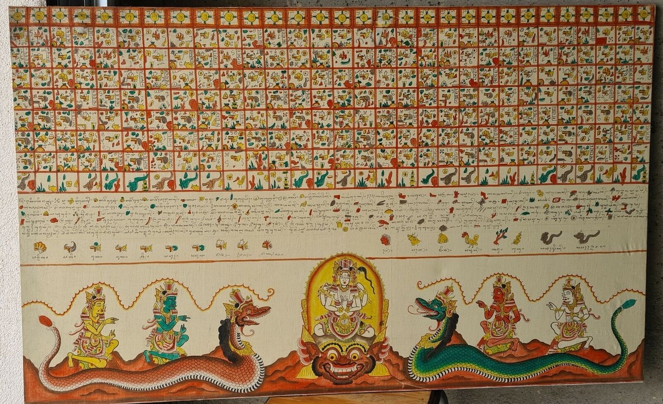 Tika, um calendário que mostra os 210 dias do calendário Pawukon. Repare-se que as semanas estão dispostas na vertical, ao contrário da maioria dos nossos calendários ocidentais.