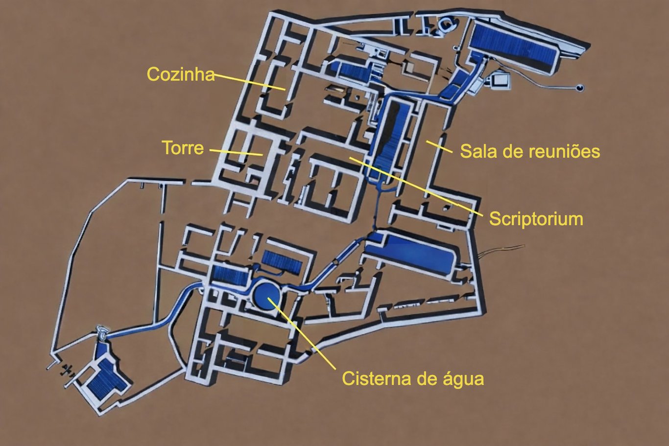 Planta do sítio de Qumran, que não podia abrigar mais de 50 pessoas. Não foi encontrado nenhum caminho entre as ruínas e as grutas que pudesse sugerir que elas servissem como local de trabalho ou de meditação.