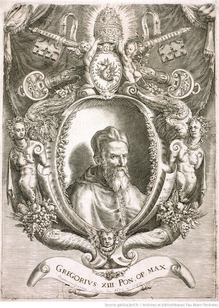 O papa Gregório XIII (1502-1585), cujo pontificado durou de 1572 a 1585. Gravura de Cherubino Alberti, 1585.