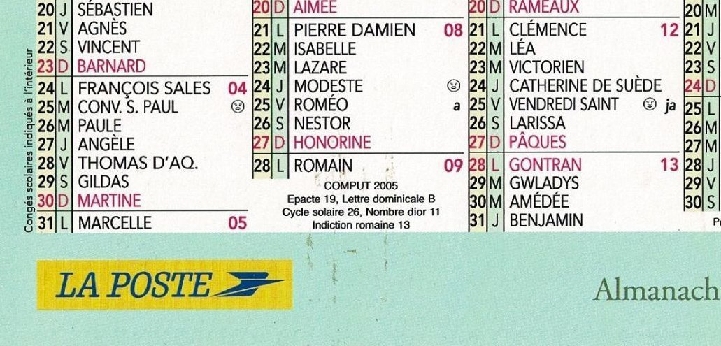 O calendário dos Correios inclui, na parte inferior do mês de Fevereiro, todos os elementos do cômputo.