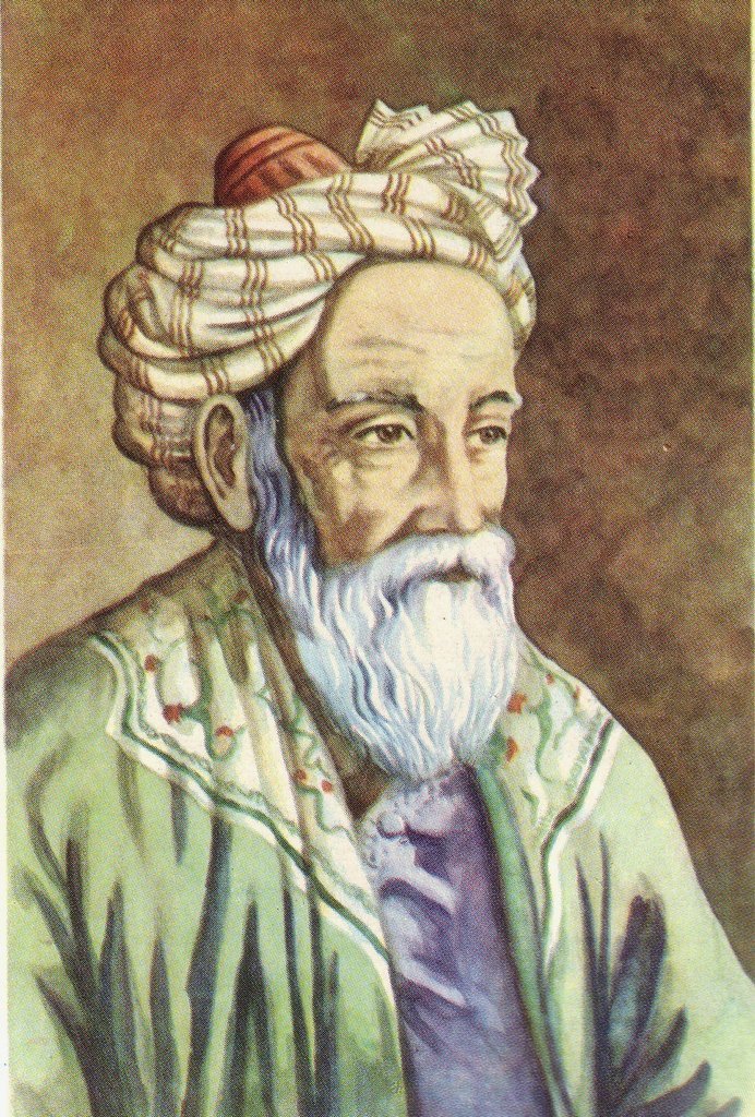 Representação de Omar Khayyam em manual soviético, desenho de A. Venediktov